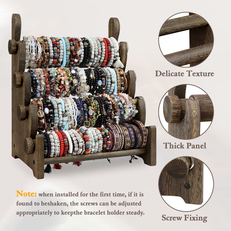TOPNEW 4 Tier Wooden Bracelet Holder, Scrunchie Bangle Watch Necklace Display Storage Jewelry Holder Stand Display Organizer, Brown - Image 3